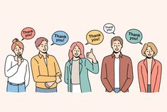 a group of people standing next to each other with different speech bubbles above their heads