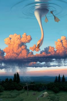 an artistic painting of a bird flying through the sky with clouds and trees in the background