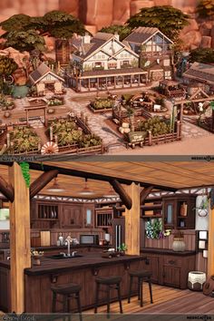 two different views of a kitchen and living room in the same house, one with an open floor plan