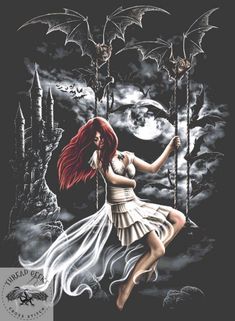 a woman with red hair swinging on a swing in front of a castle and bats