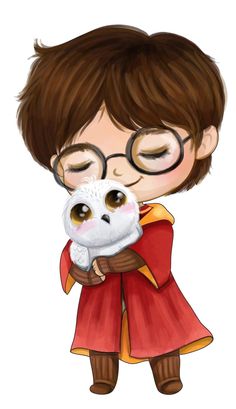 harry potter holding an owl with glasses on his face and wearing a red cape,