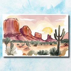 a watercolor painting of desert scene with cactus and mountains