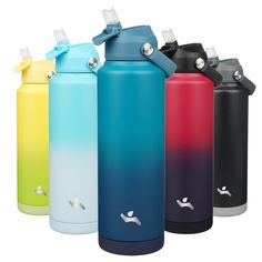 thermos bottles are lined up in different colors