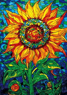 a sunflower is depicted in this colorful stained glass mosaic art print by artist mark miller