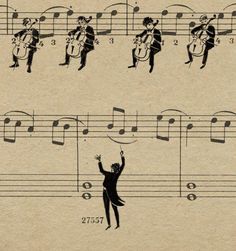 an old sheet music with musical notes and people playing the violin on it's sides