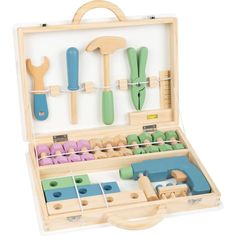 a wooden tool set in a case with various tools inside and outside the box on display