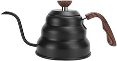 a black coffee pot with a wooden handle is shown on a white background the kettle has a brown wood handle