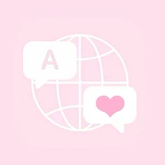 a pink background with two chat bubbles and a heart in the middle, on top of a globe