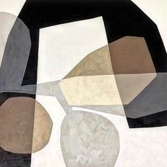 an abstract painting with black, grey and white shapes