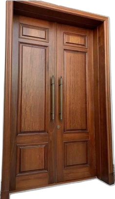 two wooden doors with metal handles on each side