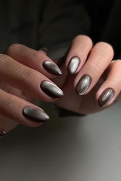 Shine in Style: Metallic Charcoal Almond Nails featuring Black and Silver Cat Eye Polish ✨ // Photo Credit: Instagram @glossyleny Sparkly Manicure, Silver Cat Eye, Brown Nail, Brown Nails Design, Velvet Nails, February Nails, Manicure Inspiration, Eye Nails, Nail Designs Valentines