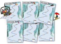 four postcards showing different skiers going down the slope