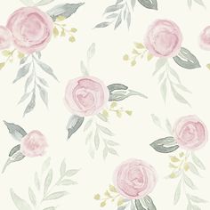 watercolor roses and green leaves on white background for wallpaper or fabric, this is an illustration