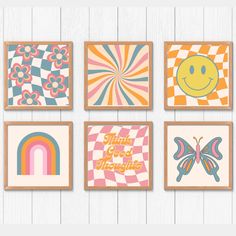 six colorful wall art prints with the words, always good things and a smiling face