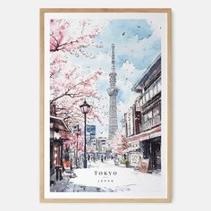 a watercolor painting of the eiffel tower in tokyo, japan with cherry blossoms