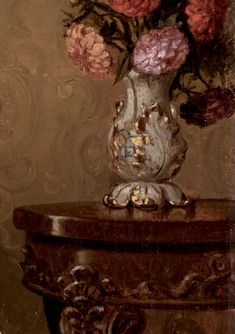 a painting of pink flowers in a vase on a table with an ornate wooden frame