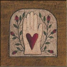 a painting of a hand with a heart in the middle and leaves around it on a brown background