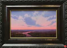 an oil painting of a sunset over a river