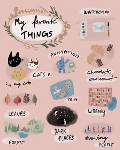 a pink poster with different things on it