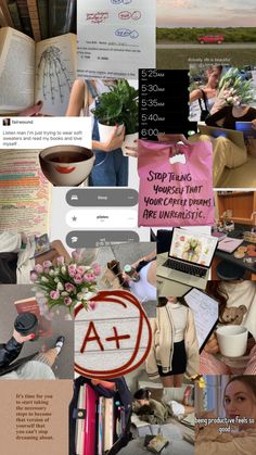 a collage of photos with people holding flowers, books and other things in them