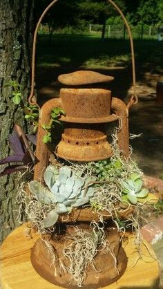 an old rusty iron lantern with succulents and moss on it sitting next to a tree