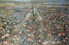 an oil painting of people walking through a field with flowers in the foreground and clouds in the background