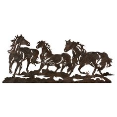 a metal horse sculpture is shown on a white background and has three horses running in the same direction