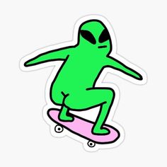 an alien skateboarding on a pink skateboard sticker