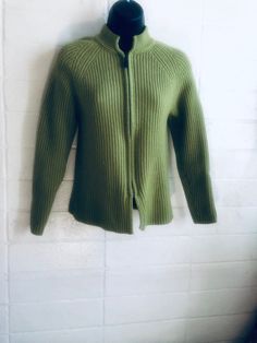 80s WOOL SWEATER Chartreuse green cardigan Thick cable ribbing Warm non itchy Zipper down Long sleeve Mock neck Made by Dana Buchman  marked small 96% wool 3% nylon 1% spandex Length 22" Shoulder back 15" Sleeve inseam 17" Chest 32" Zipper Cardigan, Chartreuse Green, Zippered Cardigan, Cropped Pullover, Pullover Outfit, Green Cardigan, Crop Sweater, Wool Sweater, Jumpers And Cardigans