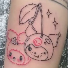 Kuromi Tattoo Aesthetic, Tattoo Ideas Hello Kitty, Black And Pink Tattoo, Sanrio Tattoo Ideas, Cute Creepy Tattoos, Cinnamoroll Tattoo, My Melody Tattoo, Kawaii Tattoo Ideas