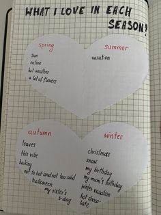 an open notebook with two hearts cut out to spell what i love in each season