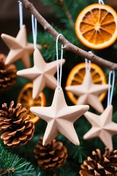 christmas ornaments hanging from a tree with orange slices and pine cones