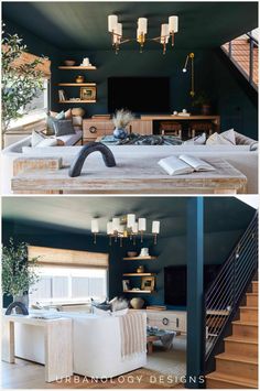 two pictures of a living room with blue walls and white furniture