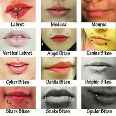 many different types of lips with piercings on each lip and the names below them