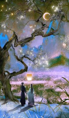 two people standing under a tree looking at the sky and stars in the sky above them