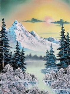 a painting of a snowy mountain with trees in the foreground and a river running through it