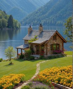 a house sitting on top of a lush green field next to a lake with mountains in the background