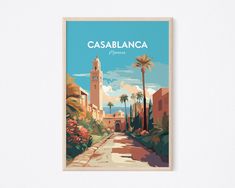 a travel poster is hanging on the wall in front of a white wall with a blue sky and palm trees