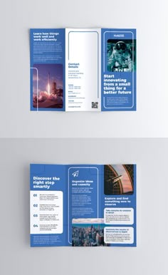 two fold brochure design with blue and white colors on the front and back