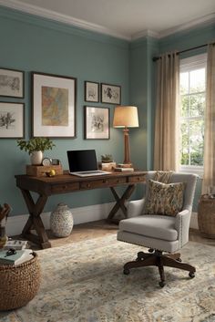 home interior design, interior bedroom design, kitchen designs, living room interior Blue Accent Office, Powder Blue Office, Home Office Color Scheme, Calm Office, Green Office Decor, House Improvement, Light Colored Furniture, Cozy Office, Home Office Colors