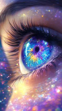 an eye with bright blue and purple stars in the iris, as if it were looking at something