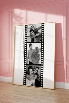 a photo frame with three photos on it in front of a pink wall and wooden floor