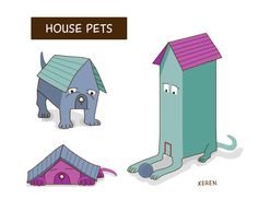 three cartoon dogs with their houses in the shape of house pets, one is blue and the other has a purple doghouse