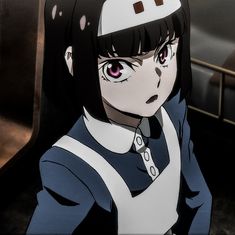 an anime character with dark hair and pink eyes looks at the camera while standing in front of a piano