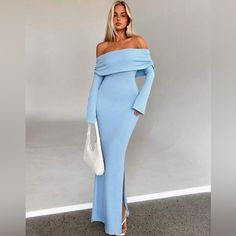 Knit, Off-The-Shoulder Maxi Dress With Fold Over Neckline And Long, Bell Sleeves. Split Thigh The Model Is 5.6” Wearing A Size 4 Baby Blue Winter Dress, Long Dresses For Church, Off The Shoulder Long Sleeve Dress, Bodycon Prom Dress Long, Long Sleeved Maxi Dress Fall, Blue Winter Dresses, Long Winter Dresses, Baby Blue Maxi Dress, Bodycon Prom Dress