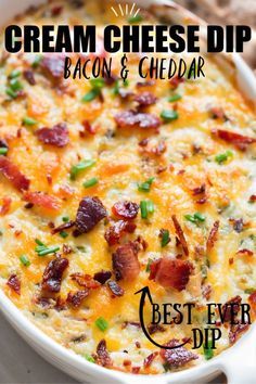 bacon and cheesy dip in a white casserole dish