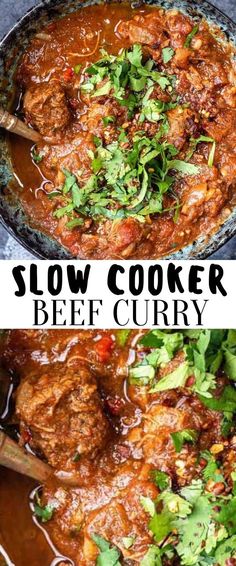 slow cooker beef curry in a skillet with the words slow cooker beef curry above it