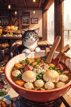 a cat sitting in front of a large bowl of food on top of a table