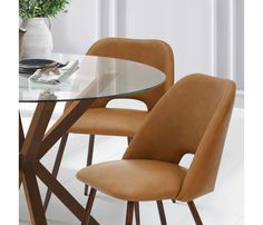 a glass table with two chairs and a potted plant on the other side in front of it