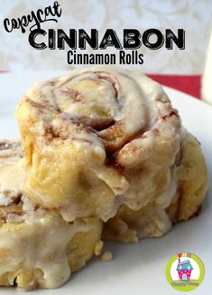 cinnamon rolls are stacked on top of each other with the title in the middle above it